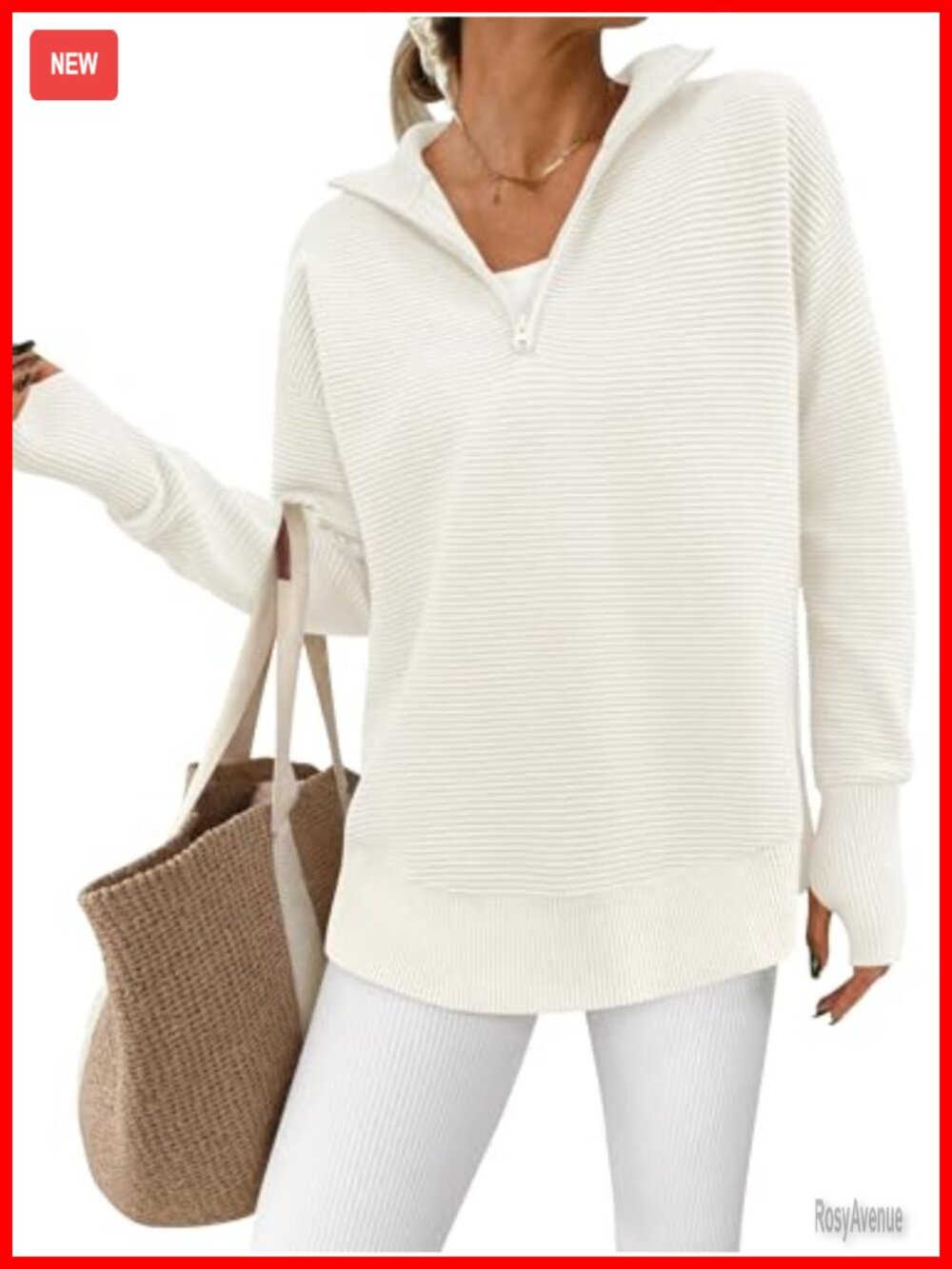 Womens Ribbed Knit Quarter Zip Pullover Sweater V-Neck Thumb Hole